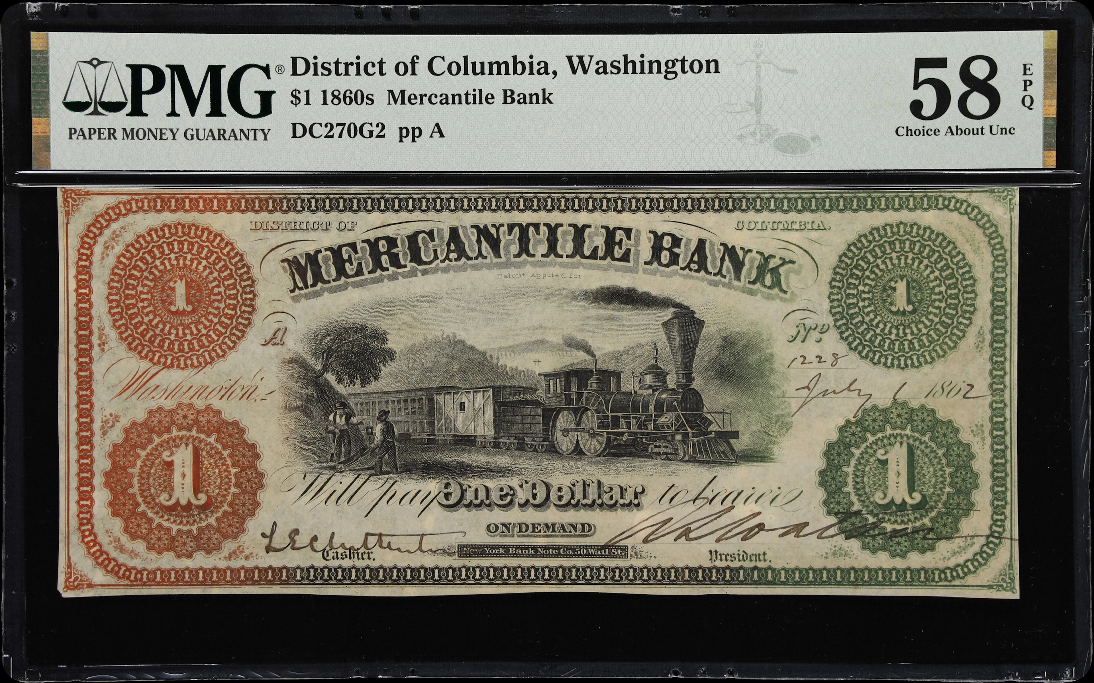 Washington, District of Columbia. Mercantile Bank. 1862 $1. PMG Choice