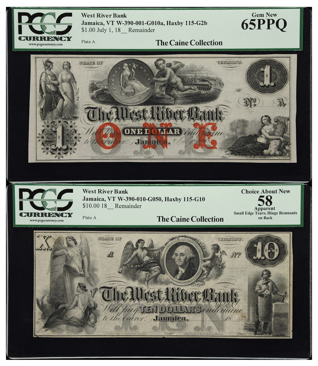 Lot of (2) Jamaica, Vermont. West River Bank. 18xx $1 & $10. PCGS