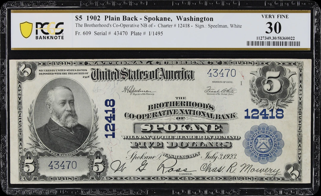 Spokane, Washington. $5 1902 Plain Back. Fr. 609. Brotherhood's Co-Operative
