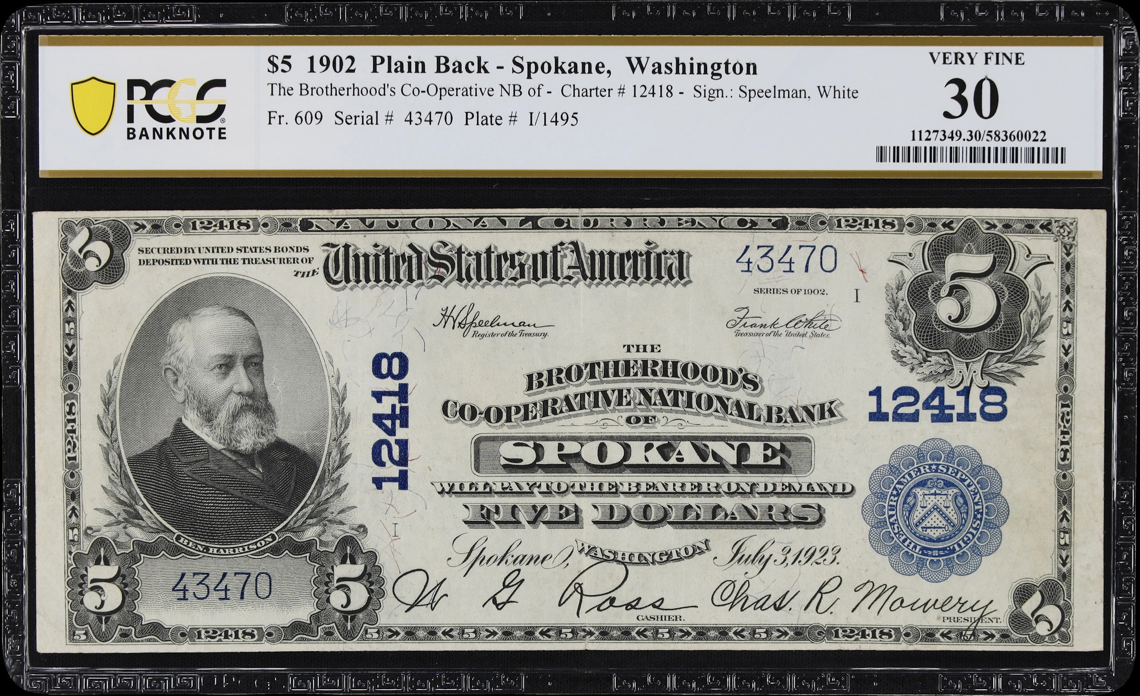 Spokane, Washington. $5 1902 Plain Back. Fr. 609. Brotherhood's Co-Operative