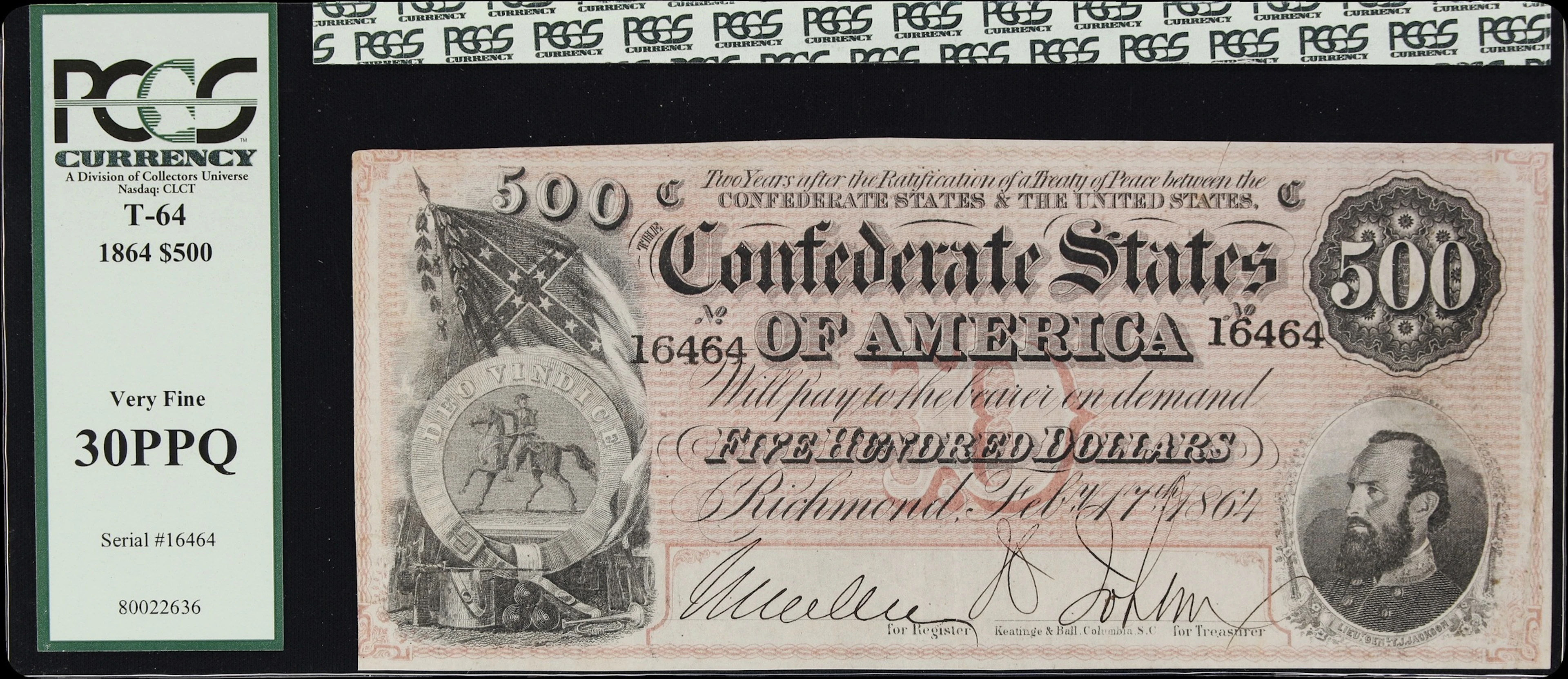 T-64. Confederate Currency. 1864 $500. PCGS Currency Very Fine 30 PPQ.