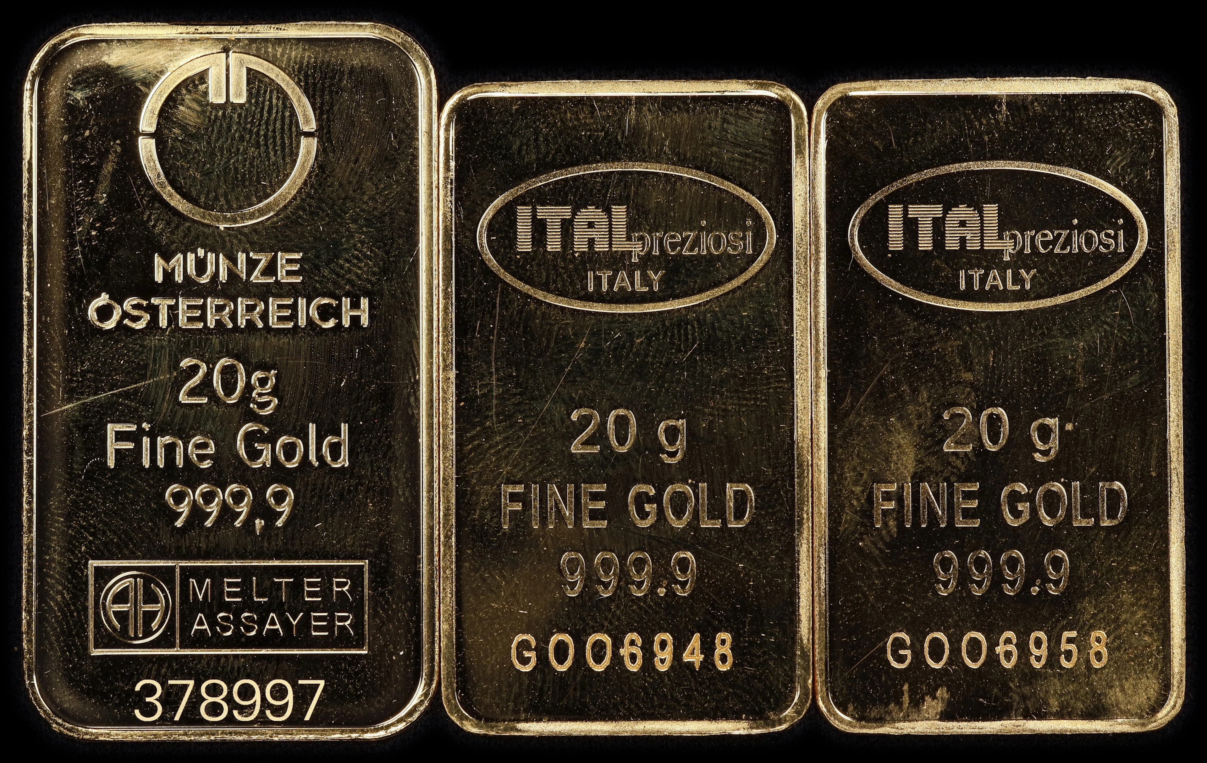 (1.929 oz, 60 g AGW). Lot of (3) Assorted Refineries 20 gram Gold Bars.