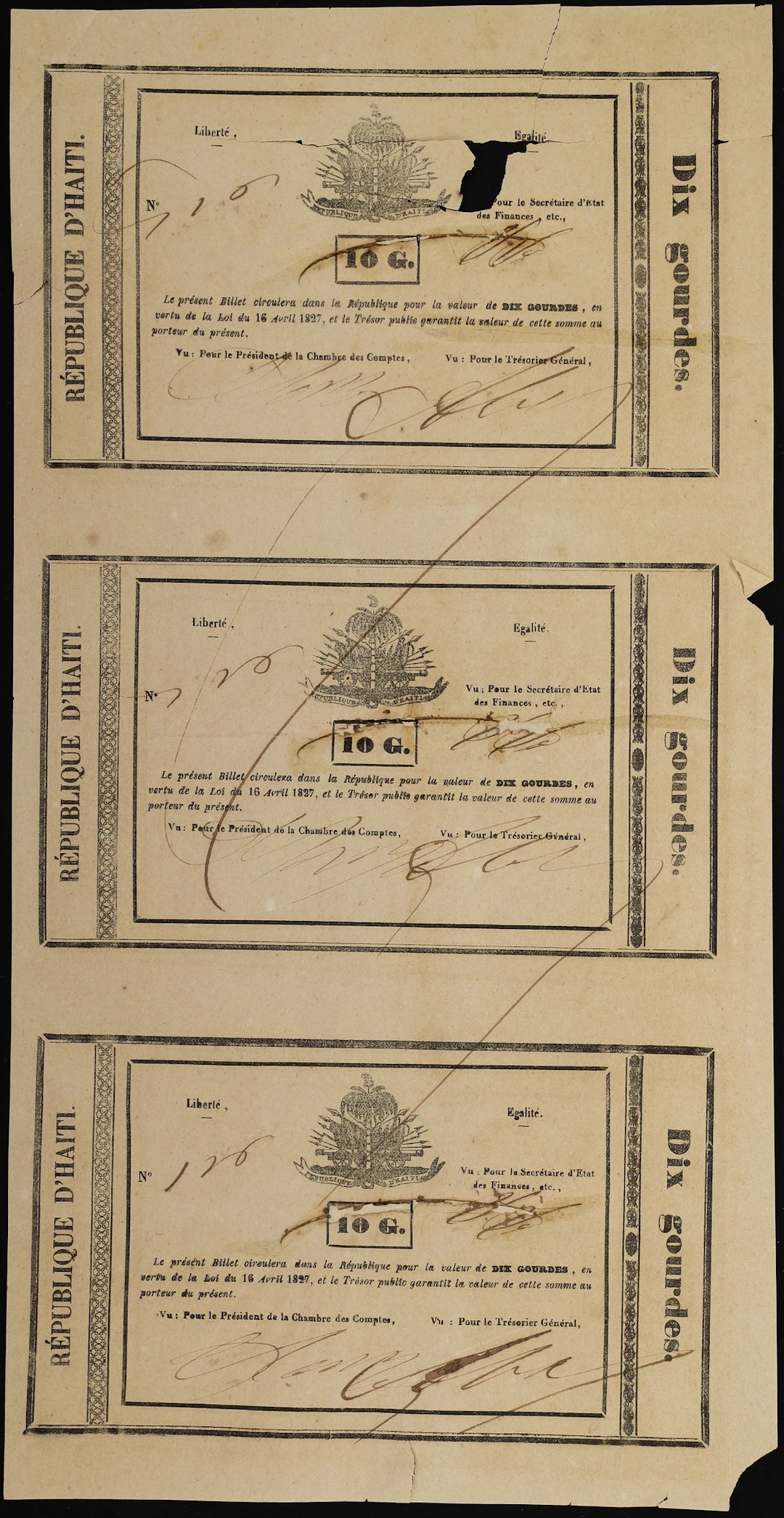 HAITI. Uncut Sheet of (3). Republique d'Haiti. 10 Gourdes, 16.4.1827.