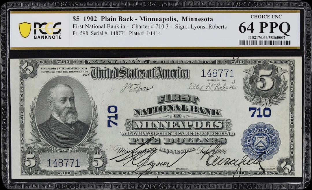 Minneapolis, Minnesota. $5 1902 Plain Back. Fr. 598. First NB. Charter