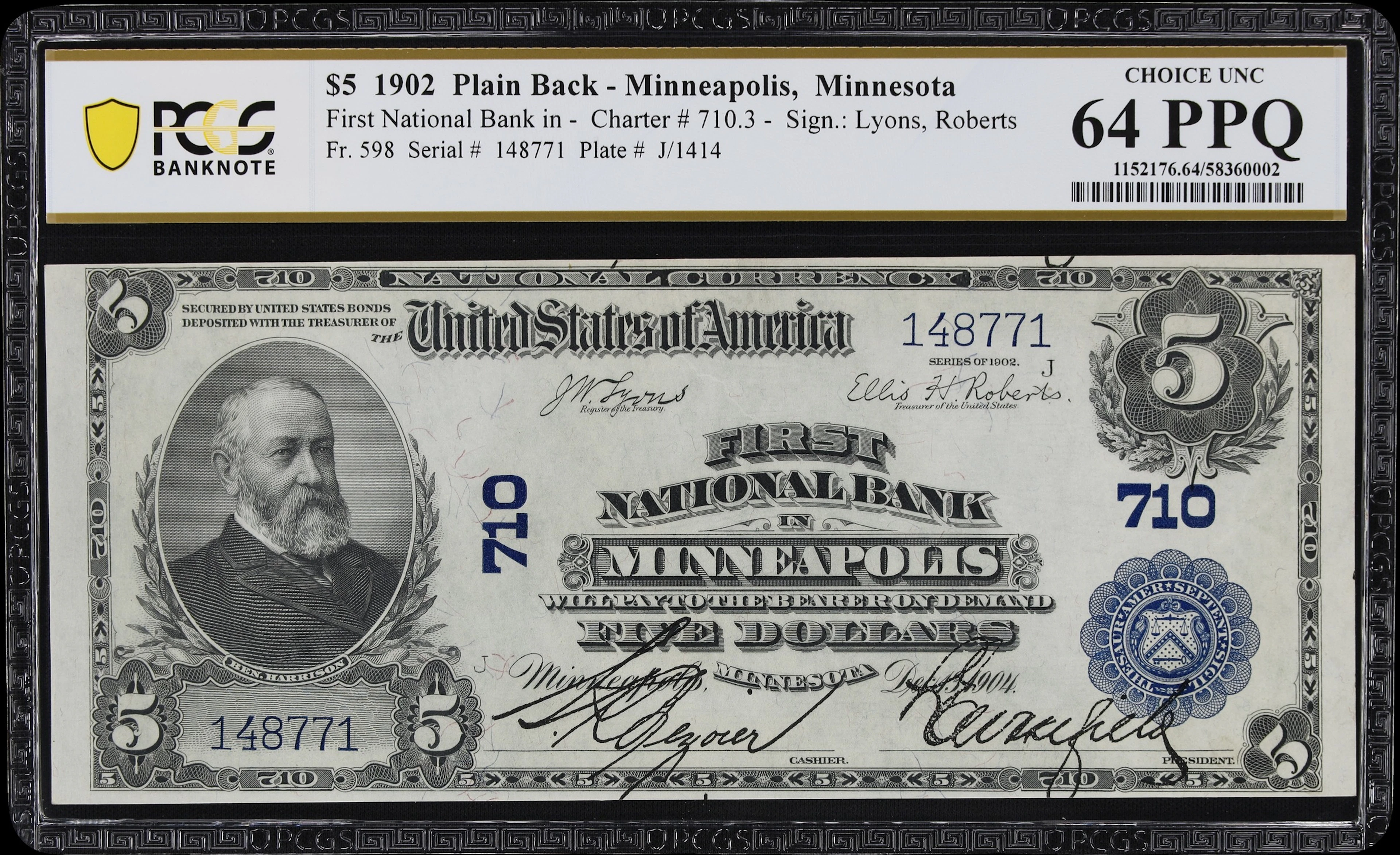 Minneapolis, Minnesota. $5 1902 Plain Back. Fr. 598. First NB. Charter