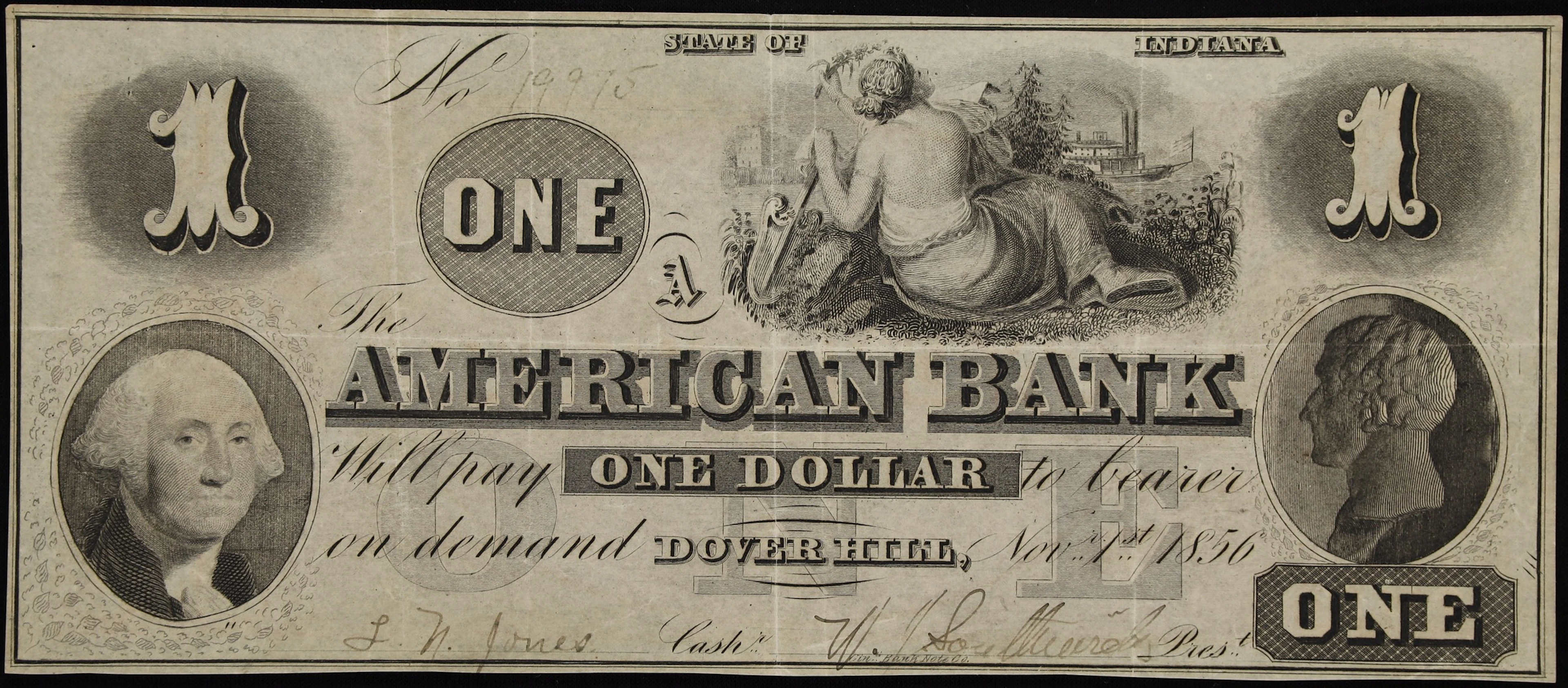 Dover Hill, Indiana. American Bank. 1856 $1. Very Fine.