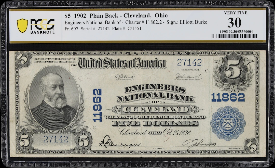 Cleveland, Ohio. $5 1902 Plain Back. Fr. 607. Engineers NB. Charter