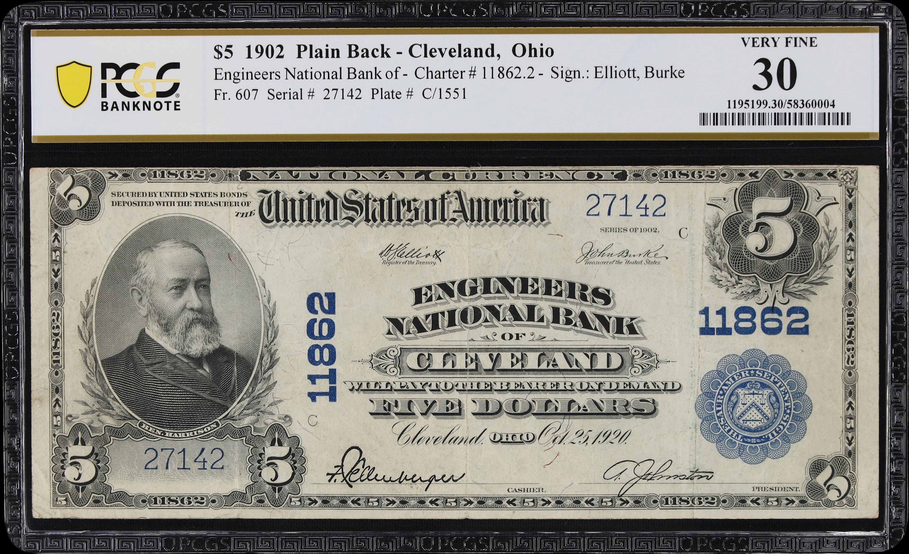 Cleveland, Ohio. $5 1902 Plain Back. Fr. 607. Engineers NB. Charter