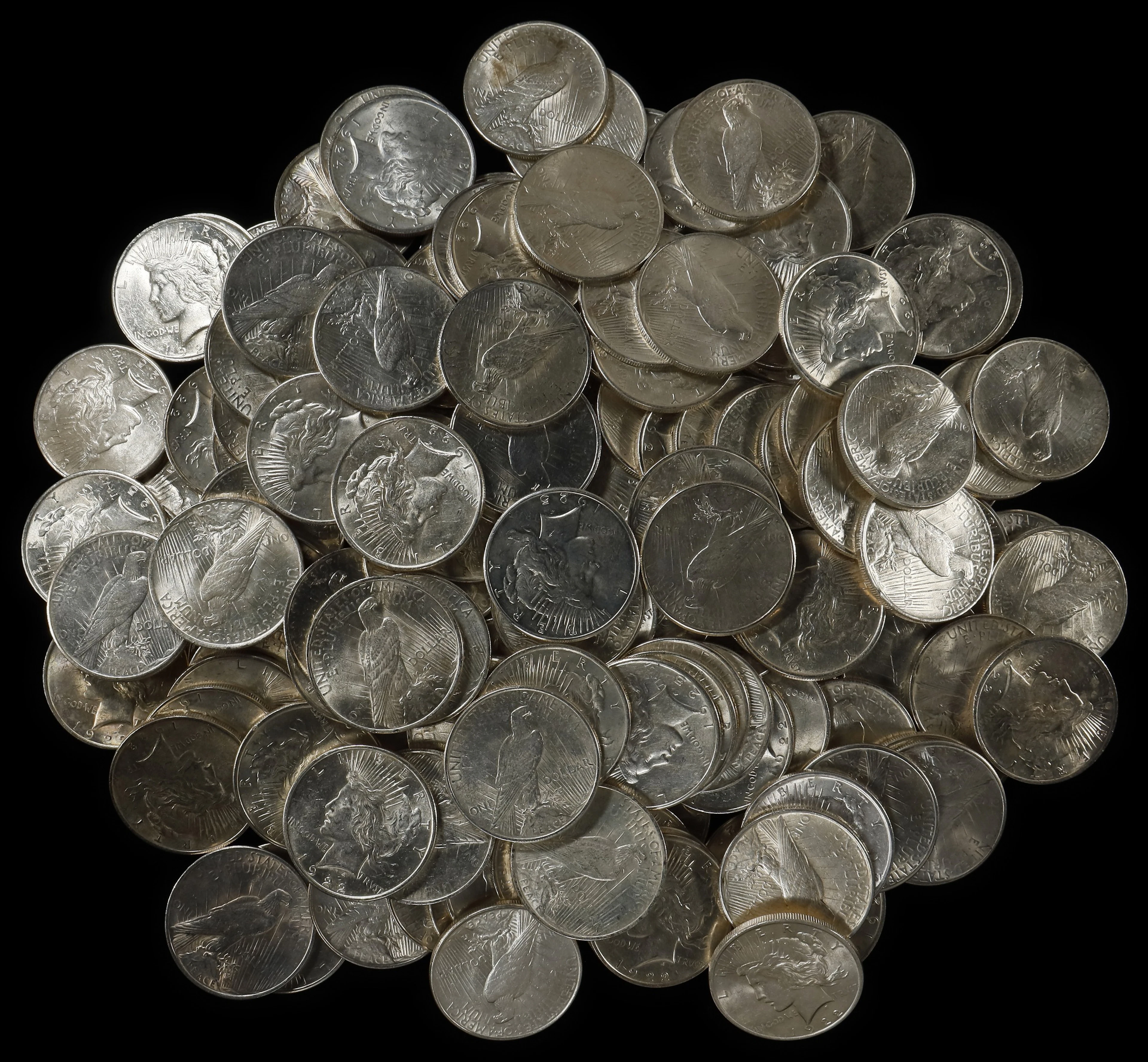 (117.557 oz, 3656.487 g ASW). Lot of (152) Mixed Date Peace Silver Dollars.