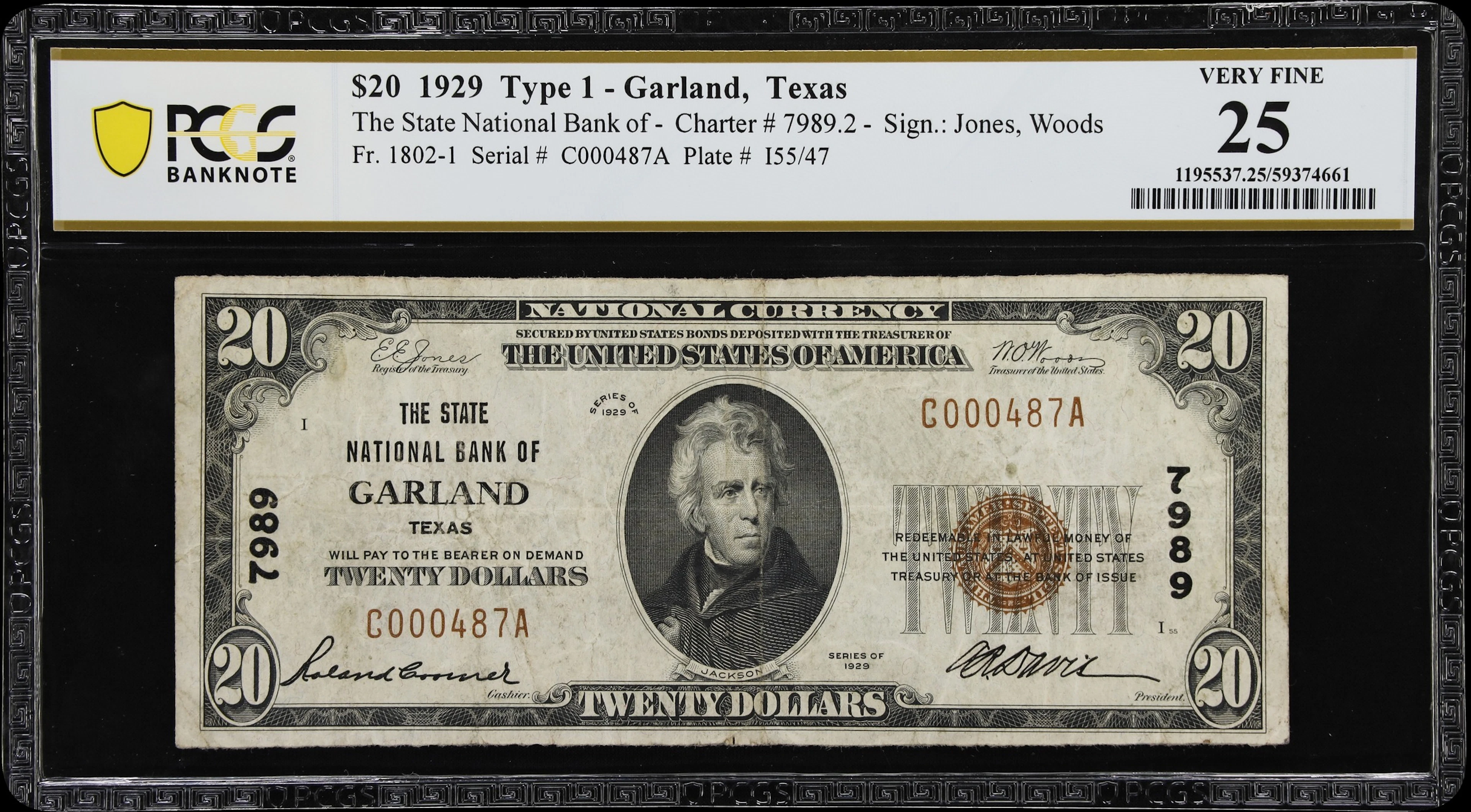Garland, Texas. $20 1929 Ty. 1. Fr. 1802-1. State NB. Charter #7989.