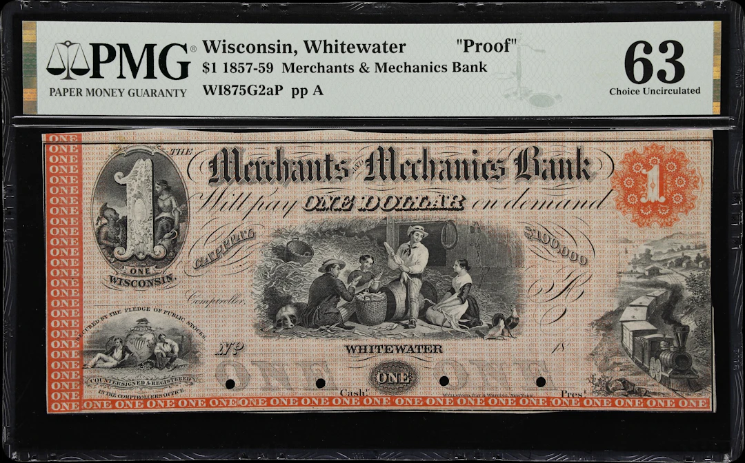 Whitewater, Wisconsin. Merchants & Mechanics Bank. 18xx $1. PMG Choice