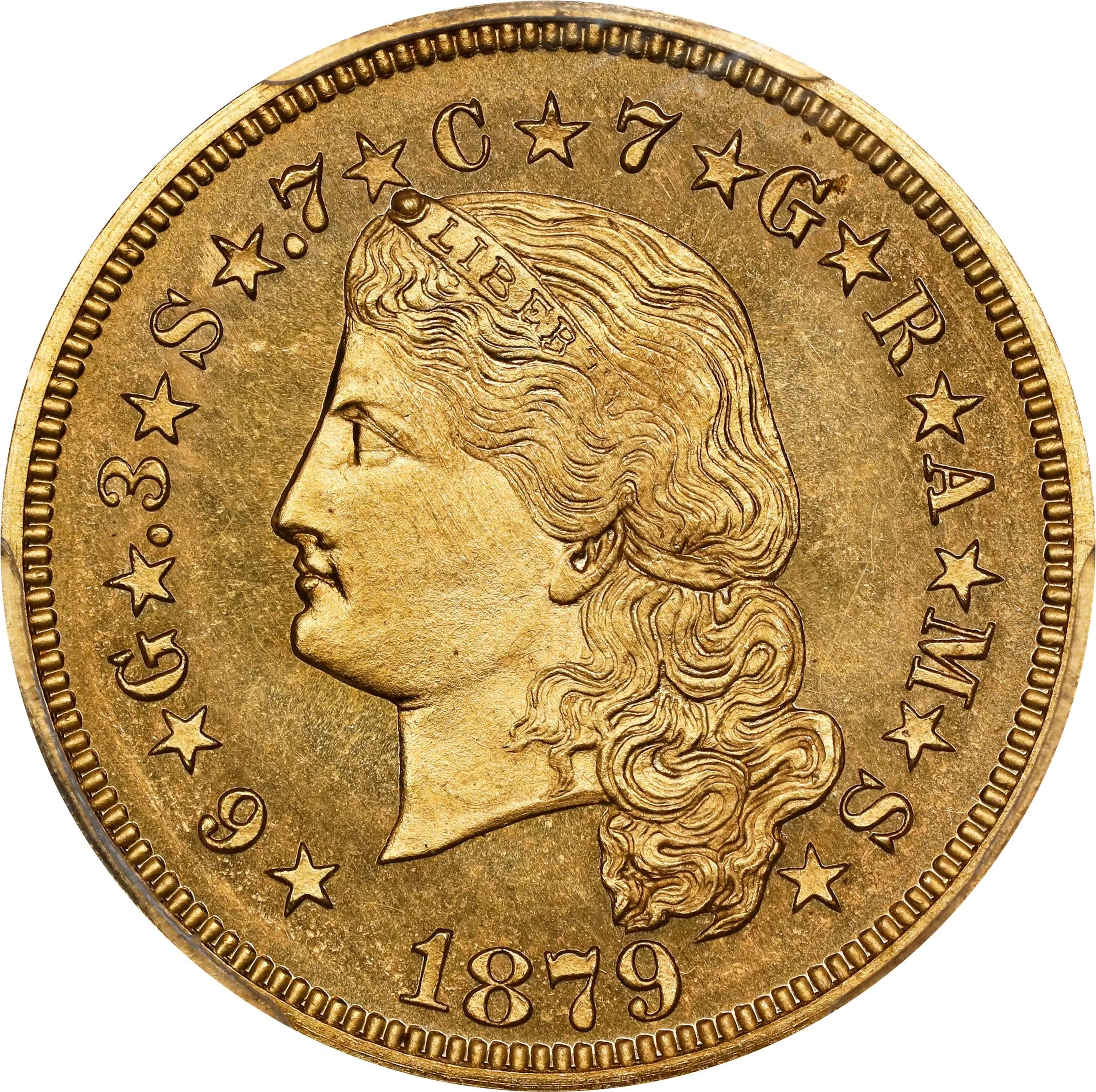1879 Four-Dollar Gold Stella. Flowing Hair. Judd-1635, Pollock-1833