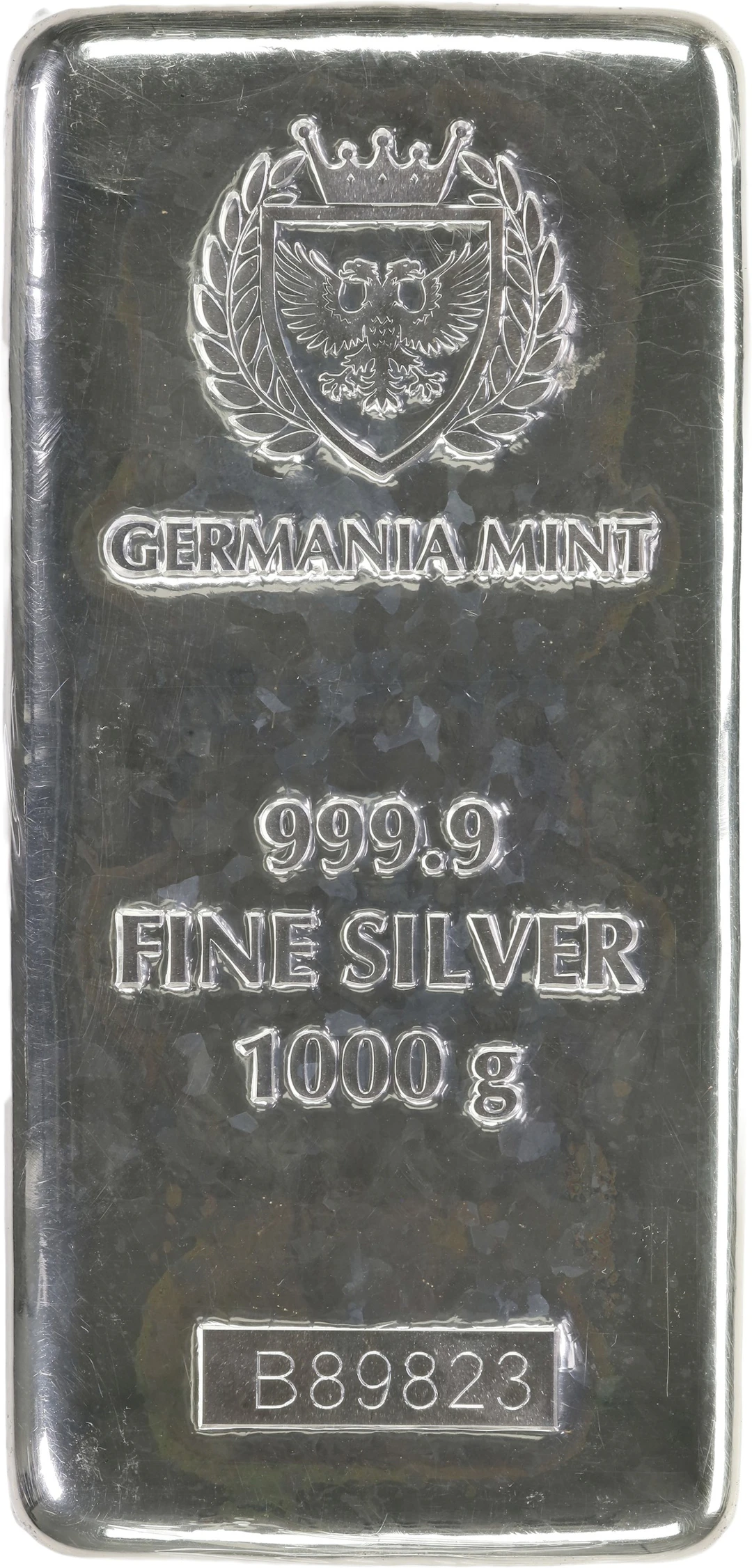 (32.151 oz, 1000 g ASW). Germania Mint 1 Kilo Silver Bar.