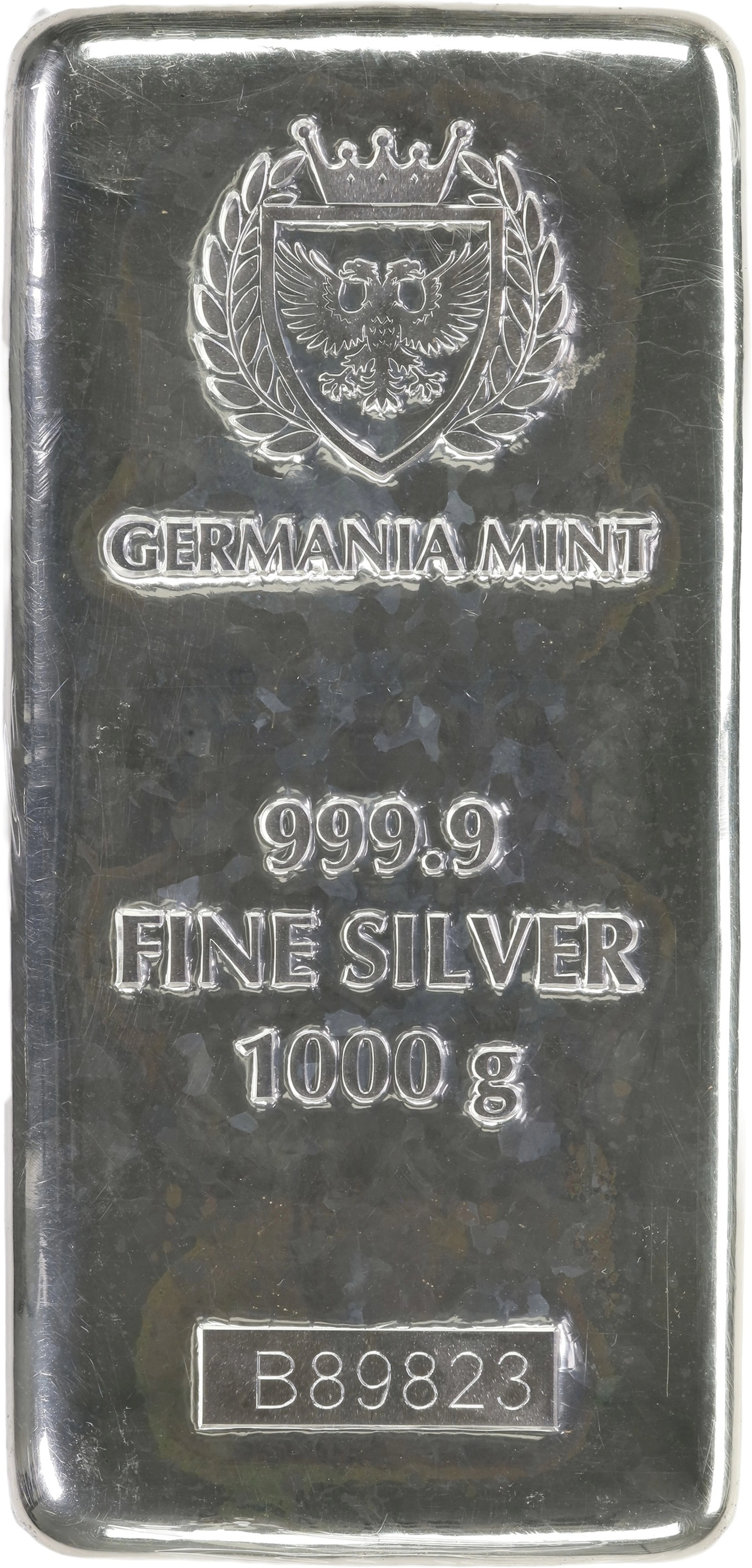 (32.151 oz, 1000 g ASW). Germania Mint 1 Kilo Silver Bar.