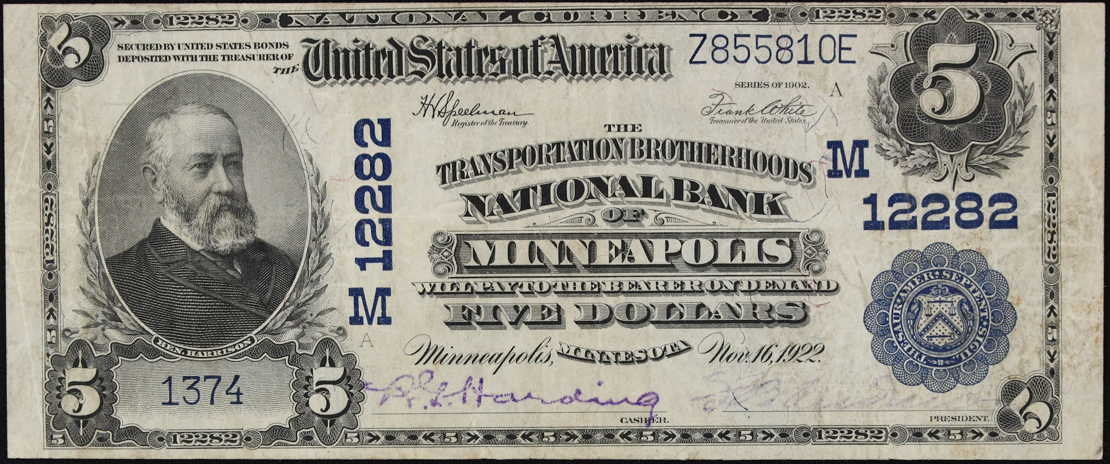 Minneapolis, Minnesota. $5 1902 Plain Back. Fr. 609. The Transportation