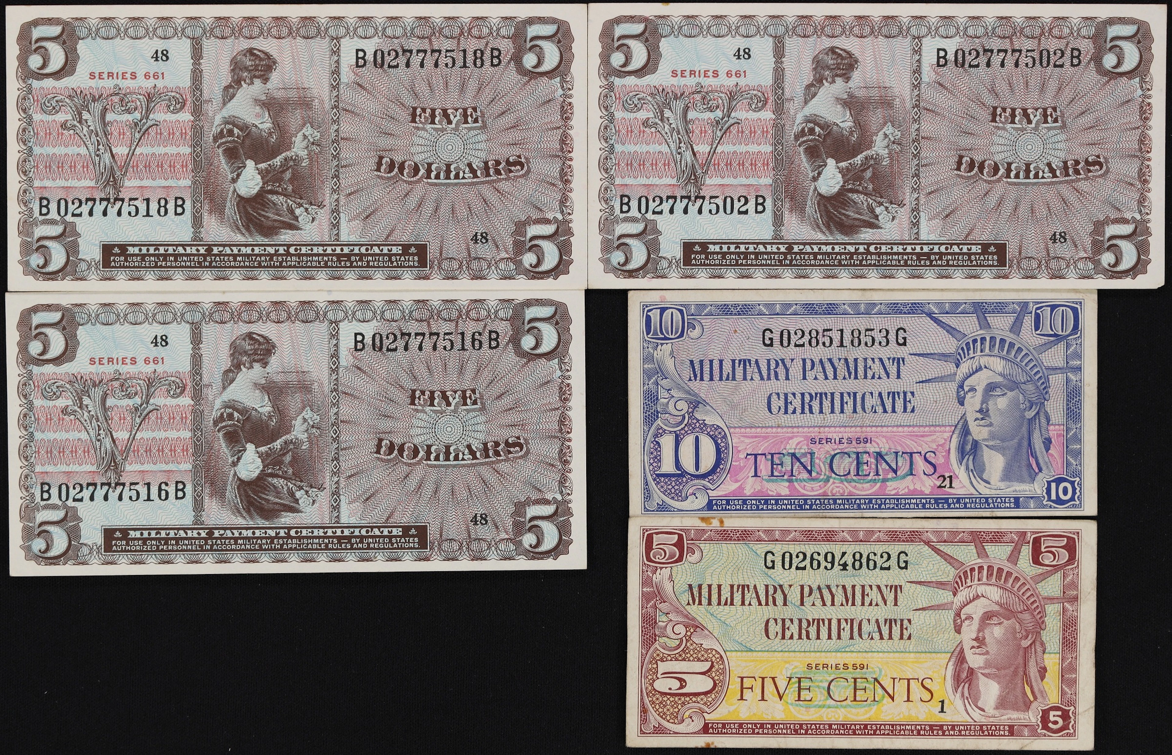 UNITED STATES. Lot of (5). Military Payment Certificates. Series 591