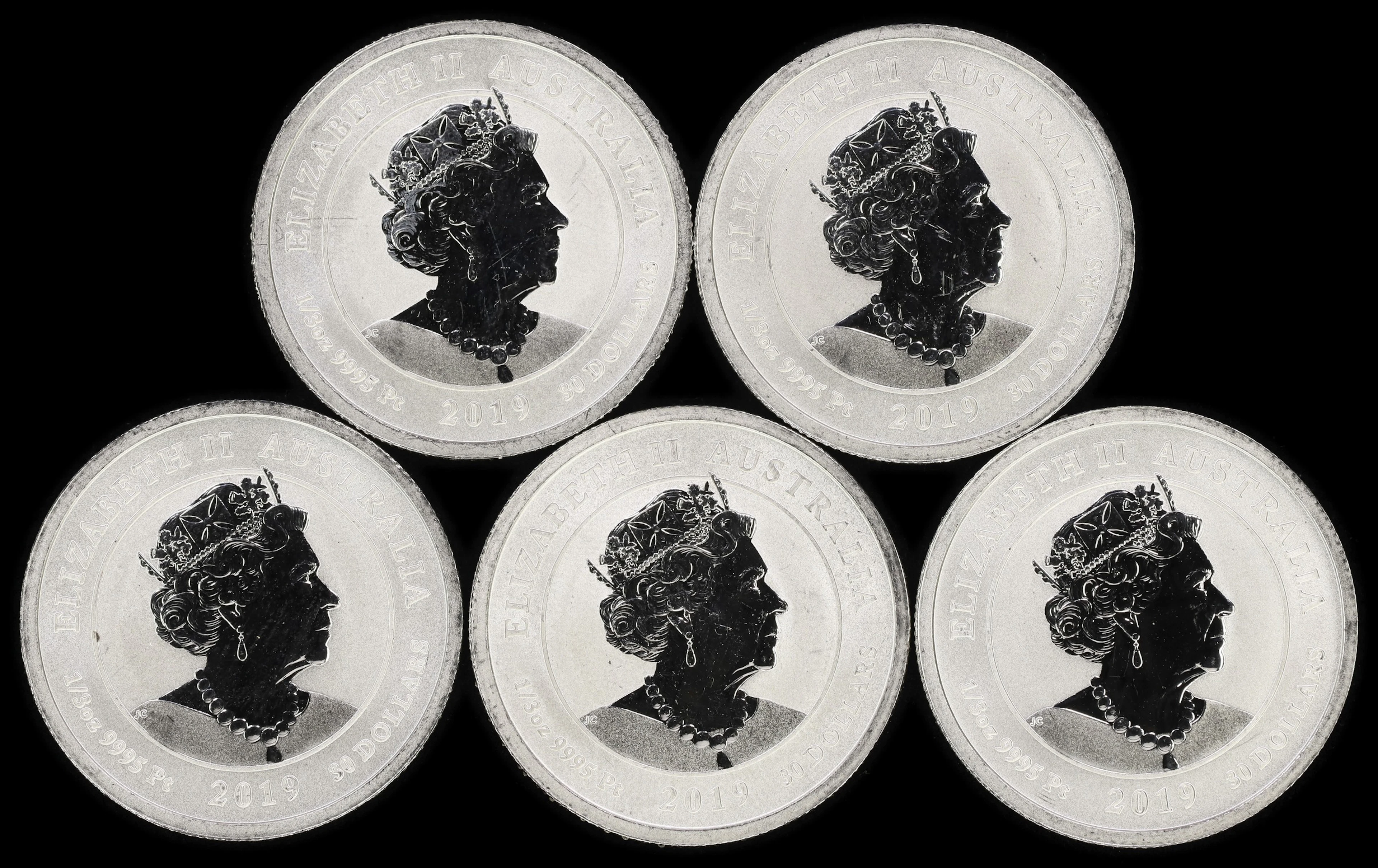 (1.667 oz, 51.84 g APtW). Australia. Lot of (5) 2019 Humpback Whale