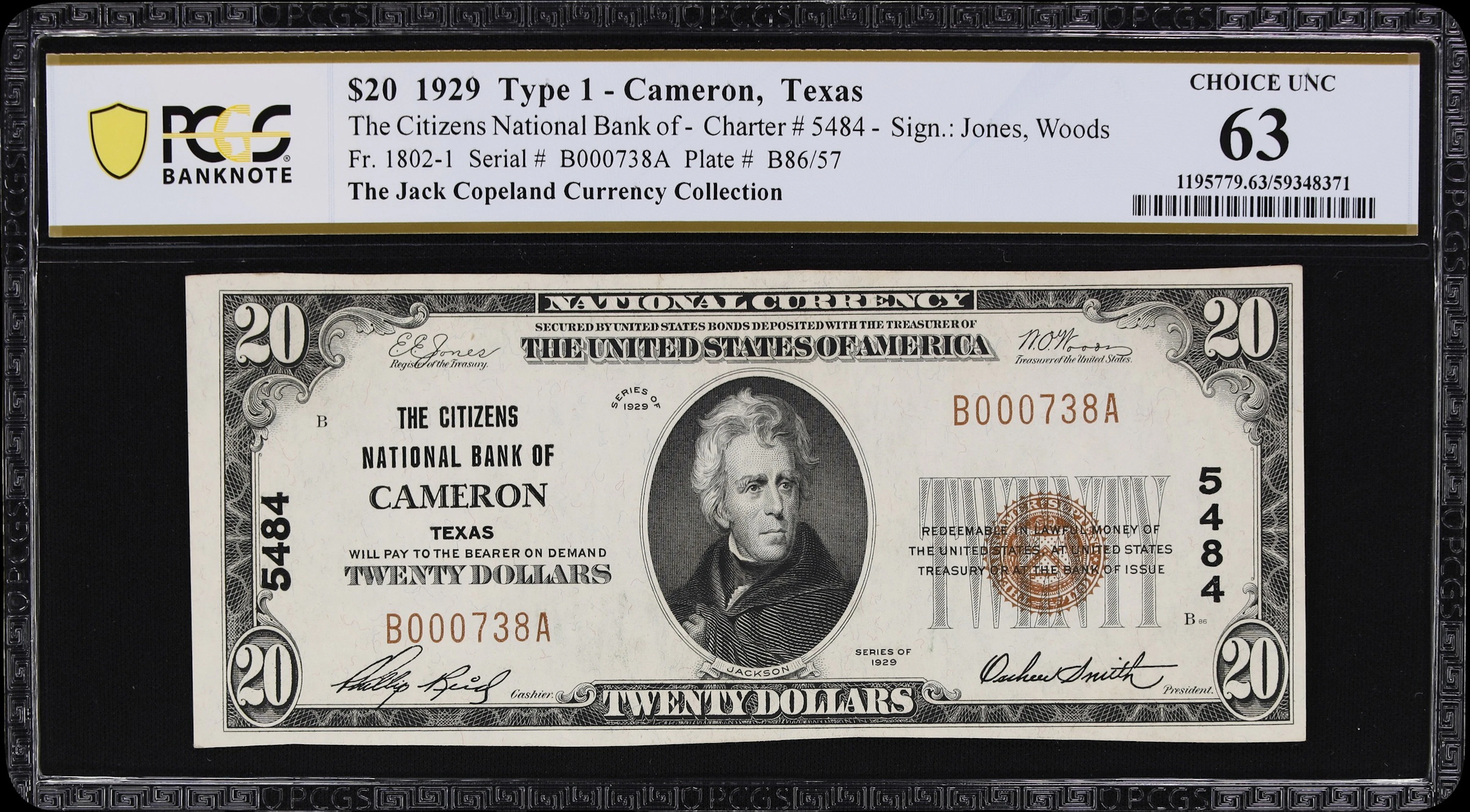 Cameron, Texas. $20 1929 Ty. 1. Fr. 1802-1. Citizens NB. Charter #5484.