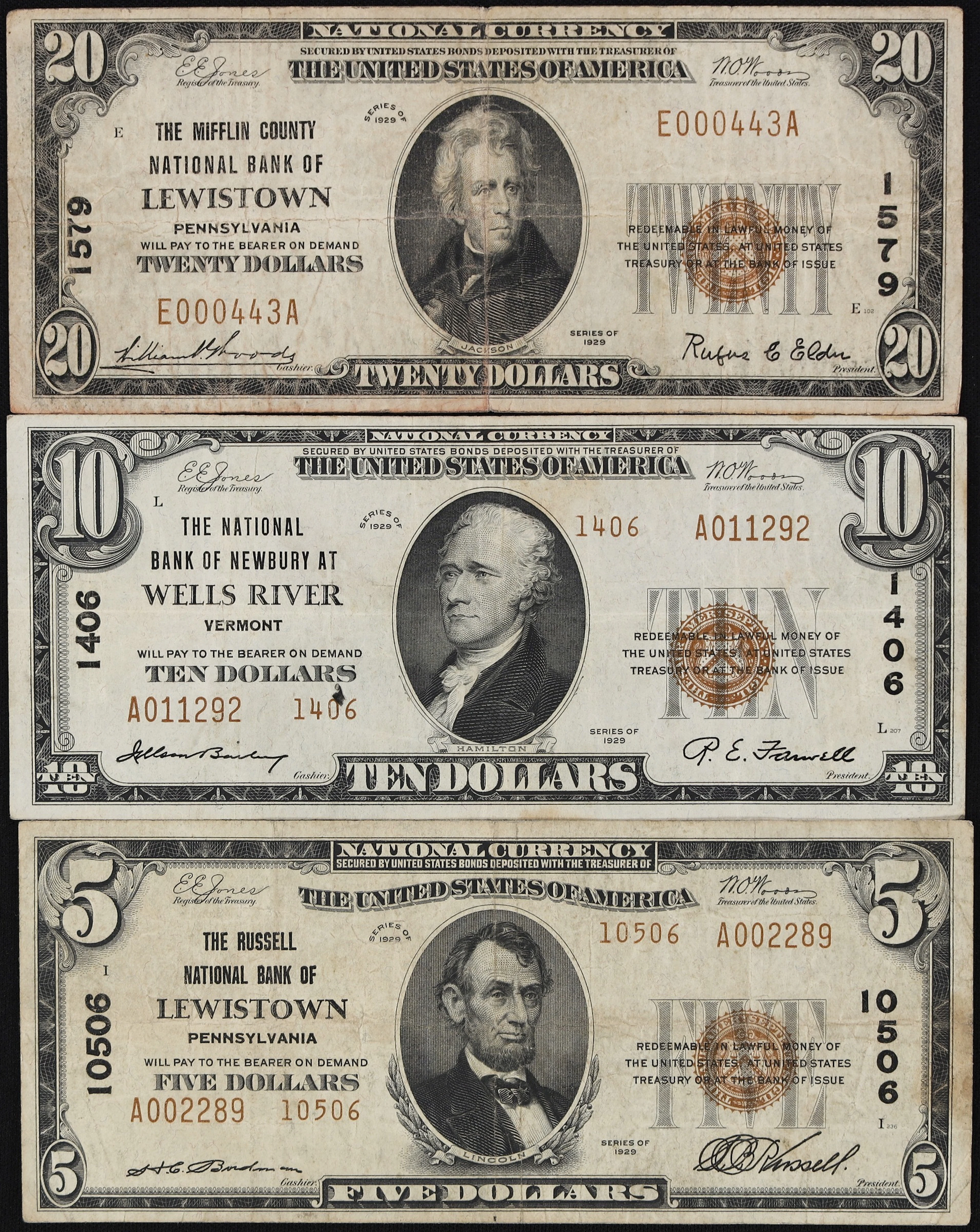 Lot of (3) Pennsylvania & Vermont Nationals. $5, $10 & $20 1929 Ty.