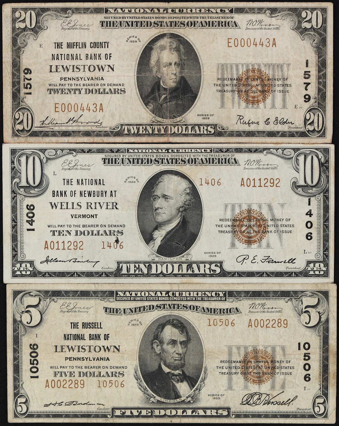Lot of (3) Pennsylvania & Vermont Nationals. $5, $10 & $20 1929 Ty.