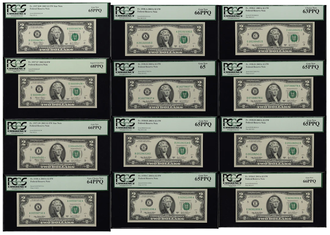 Lot of (12). 2003-03A $2 Federal Reserve Notes. PCGS Currency Very