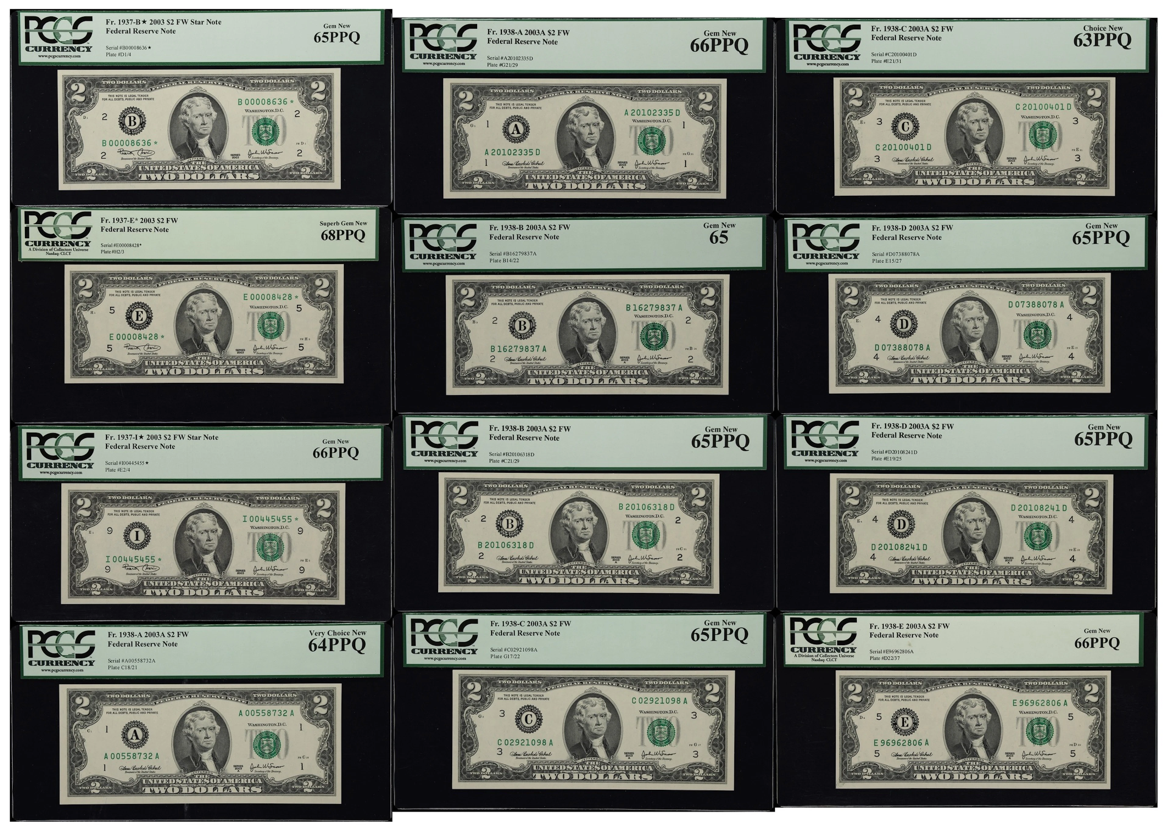 Lot of (12). 2003-03A $2 Federal Reserve Notes. PCGS Currency Very