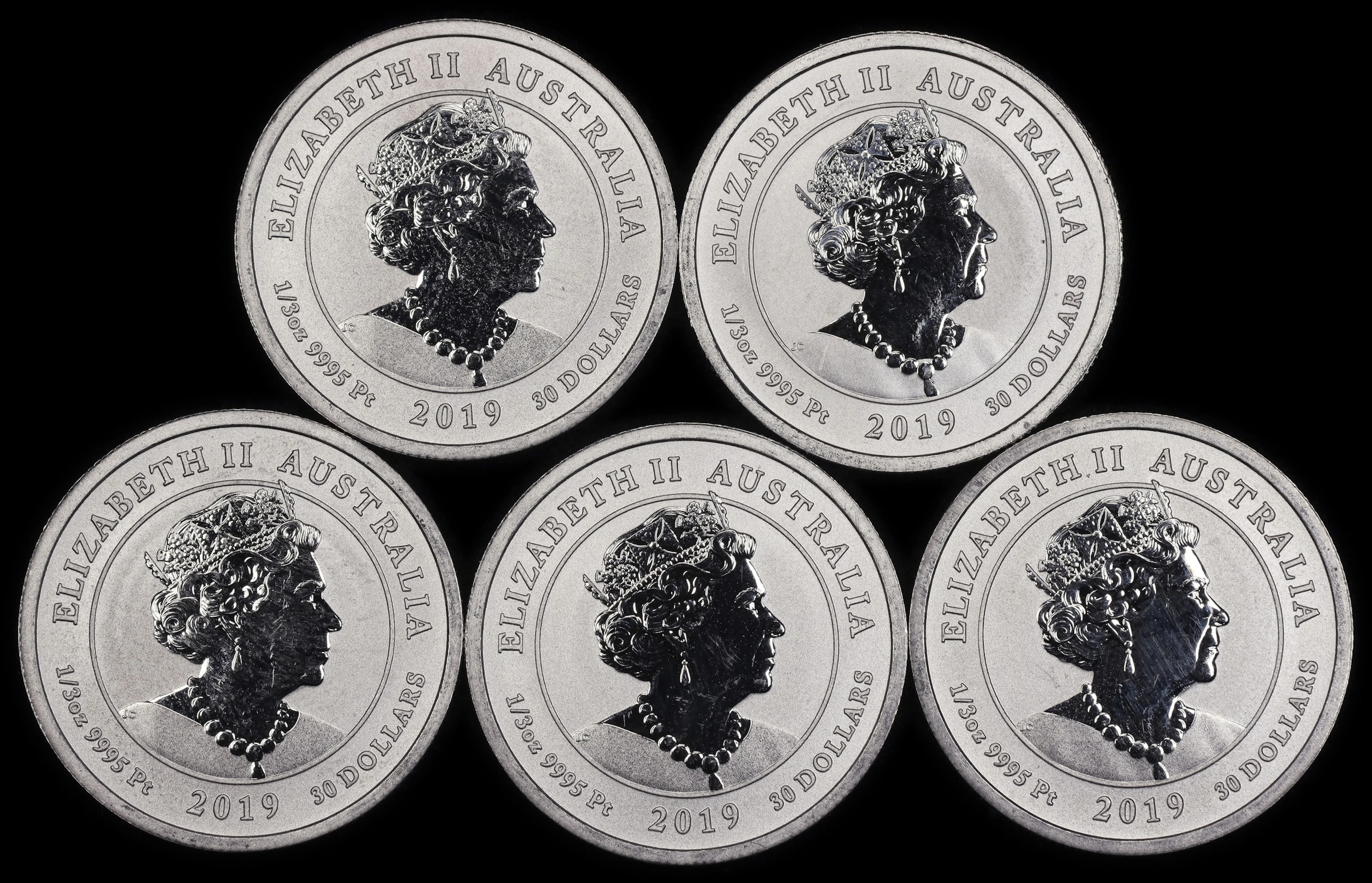 (1.667 oz, 51.84 g APtW). Australia. Lot of (5) 2019 Humpback Whale