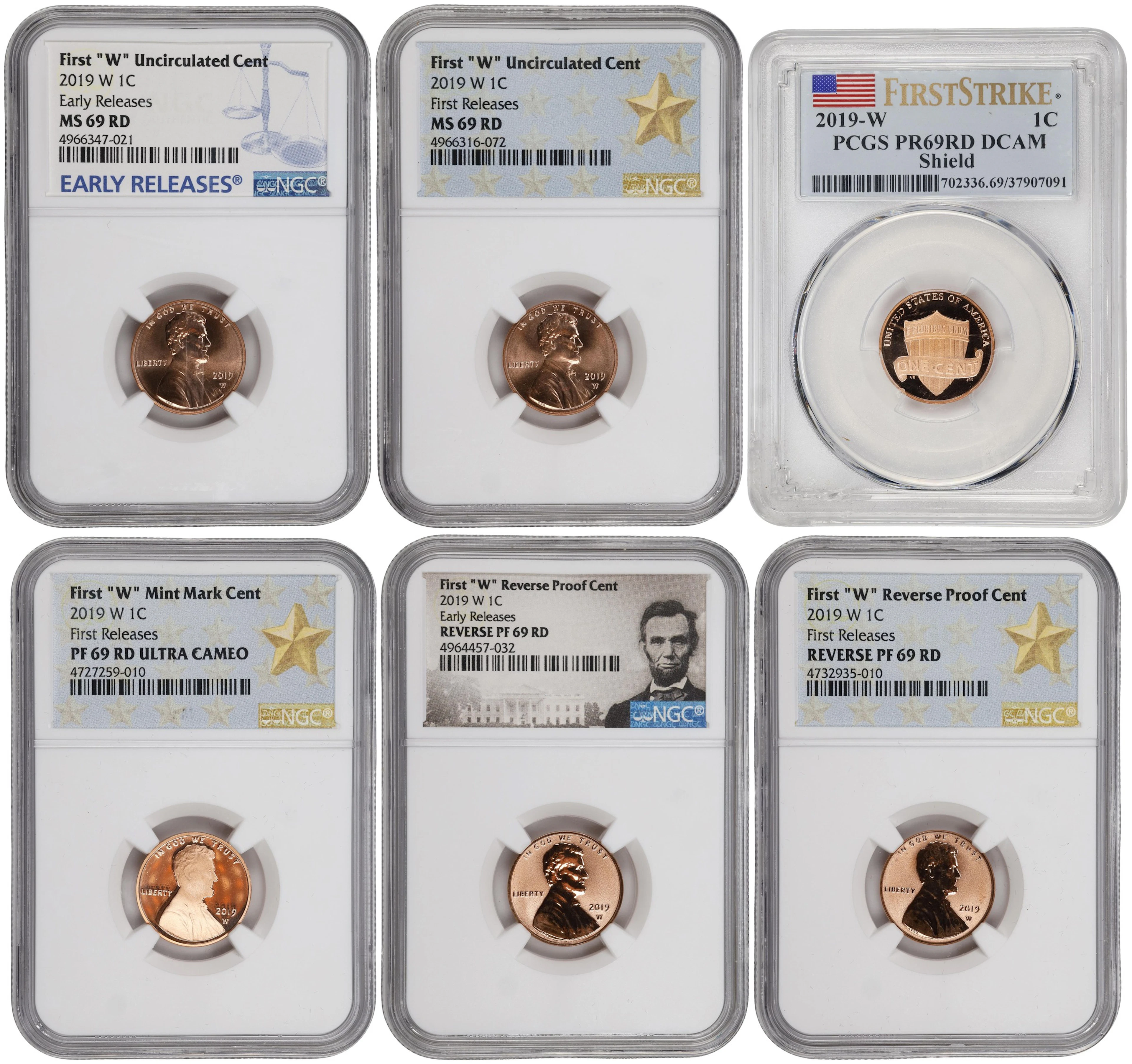 Lot of (6) Certified 2019-W Lincoln Cents.