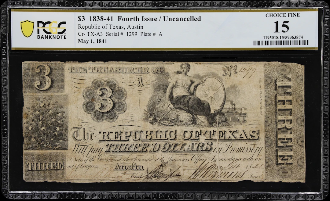 Austin, Texas. Republic of Texas. 1841 $3. PCGS Banknote Choice Fine