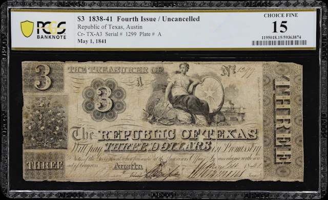 Austin, Texas. Republic of Texas. 1841 $3. PCGS Banknote Choice Fine