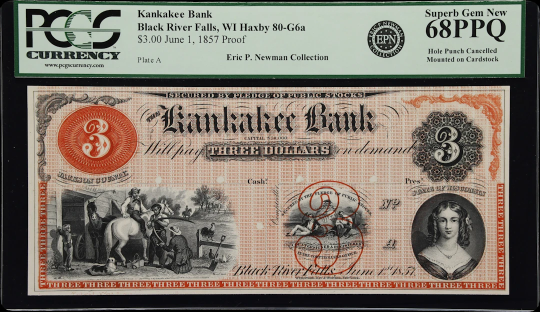 Black River Falls, Wisconsin. Kankakee Bank. 1857 $3. PCGS Currency