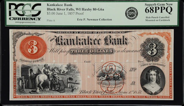 Black River Falls, Wisconsin. Kankakee Bank. 1857 $3. PCGS Currency