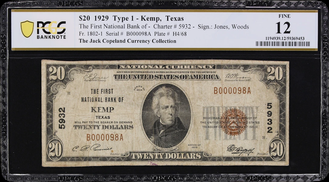 Kemp, Texas. $20 1929 Ty. 1. Fr. 1802-1. First NB. Charter #5932.