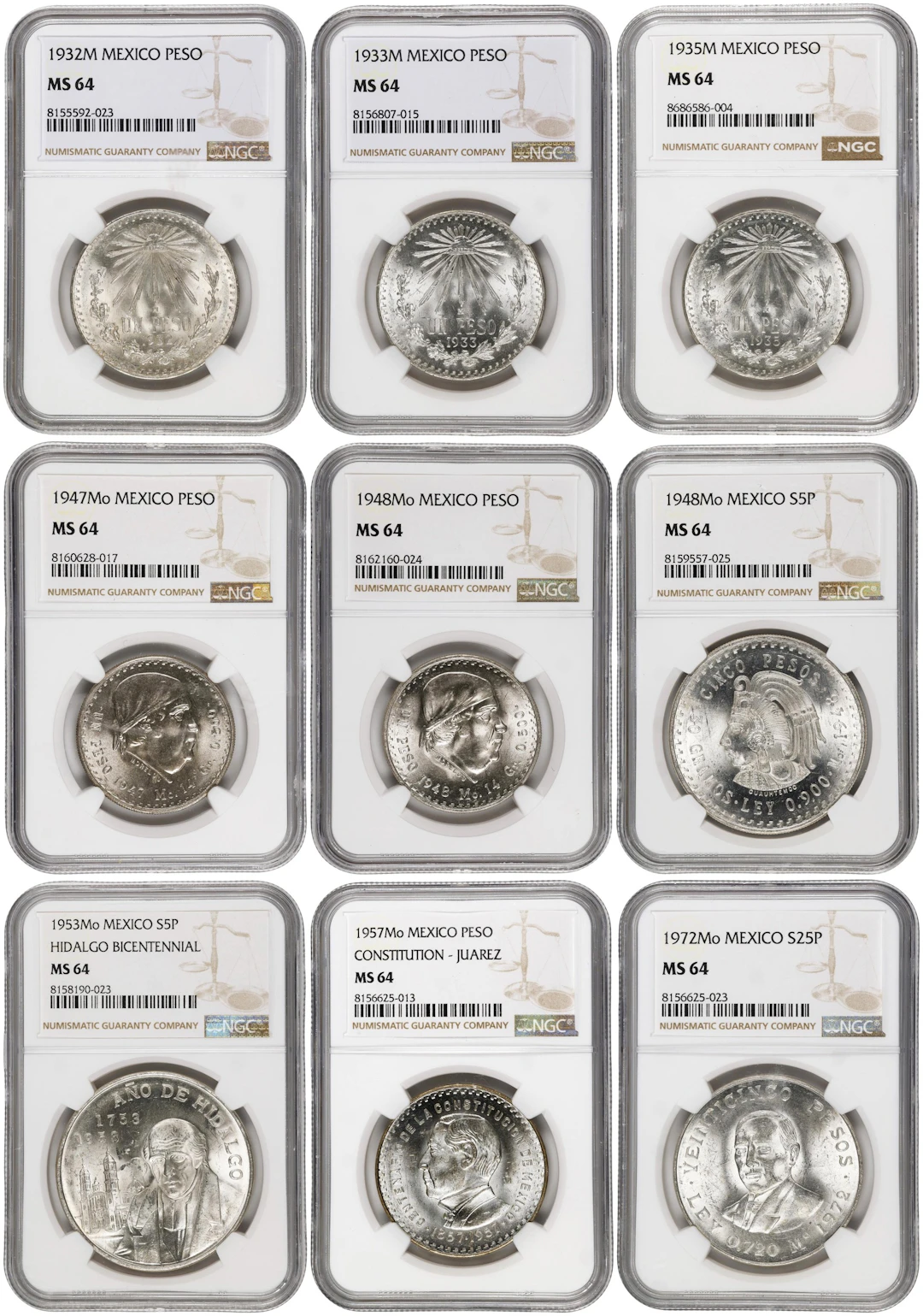 MEXICO. Nonet of Silver Denominations (9 Pieces), 1932-72. Mexico