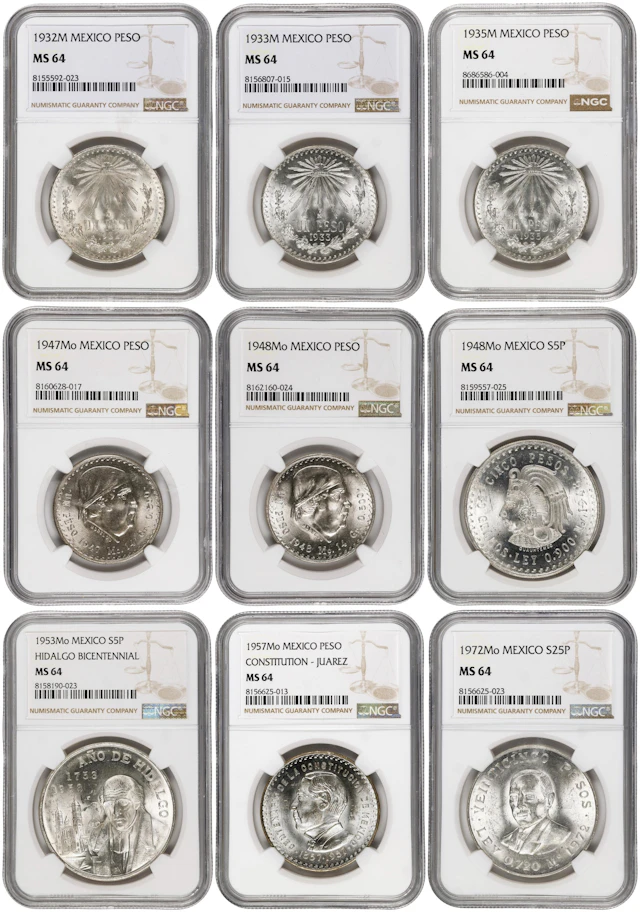 MEXICO. Nonet of Silver Denominations (9 Pieces), 1932-72. Mexico