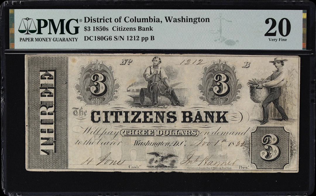 Washington, District of Columbia. Citizens Bank. 1832 $3. PMG Very Fine 20.