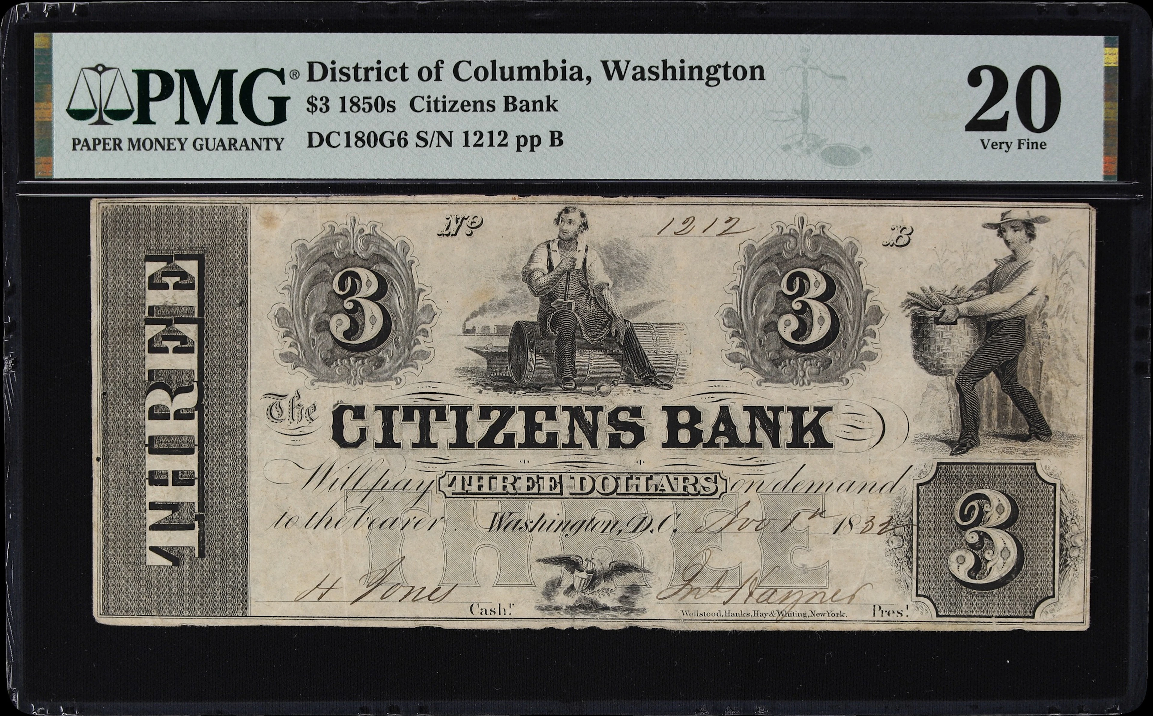 Washington, District of Columbia. Citizens Bank. 1832 $3. PMG Very Fine 20.
