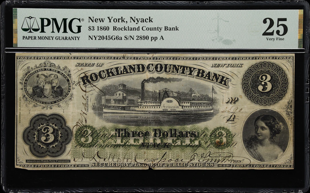 Nyack, New York. Rockland County Bank. 1860 $3. PMG Very Fine 25.