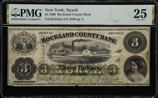 Nyack, New York. Rockland County Bank. 1860 $3. PMG Very Fine 25.