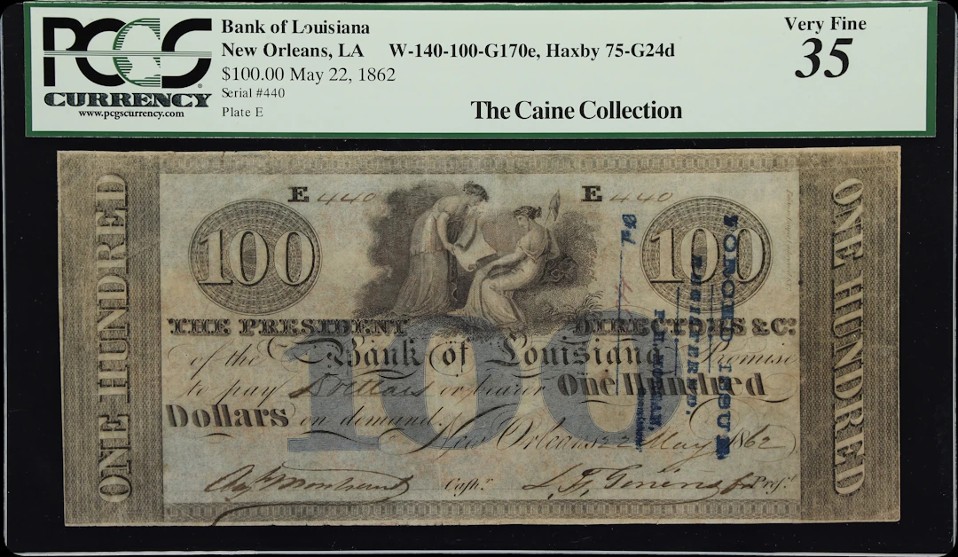New Orleans, Louisiana. Bank of Louisiana. 1862 $100. PCGS Currency