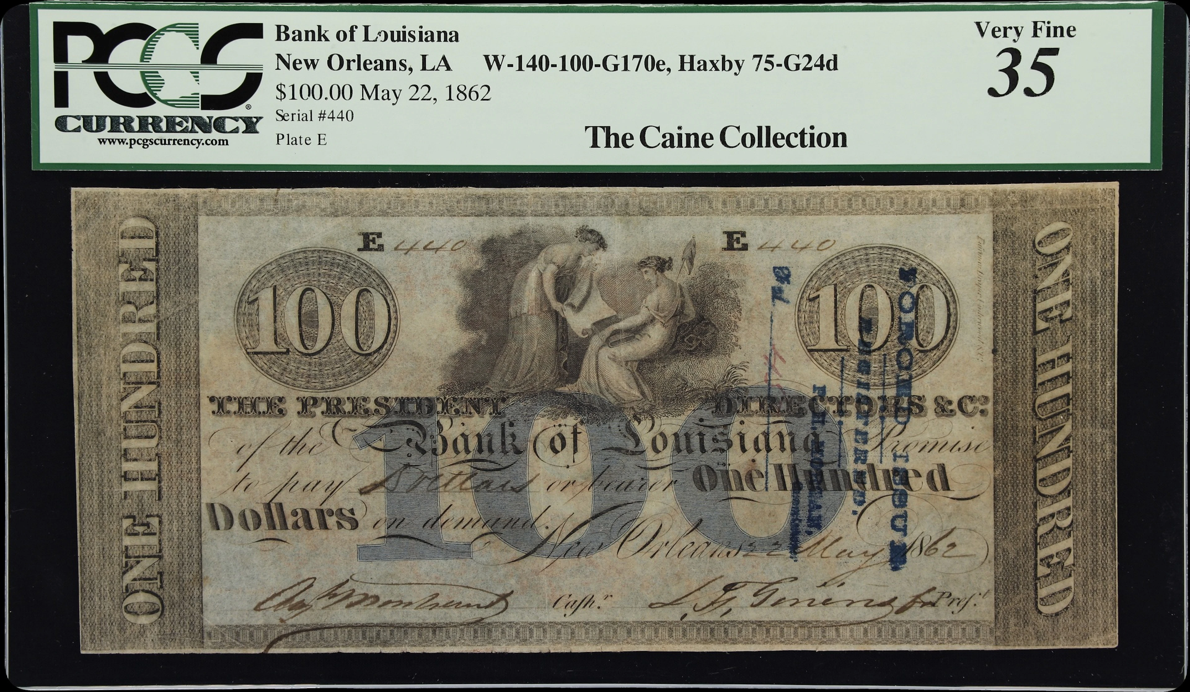 New Orleans, Louisiana. Bank of Louisiana. 1862 $100. PCGS Currency