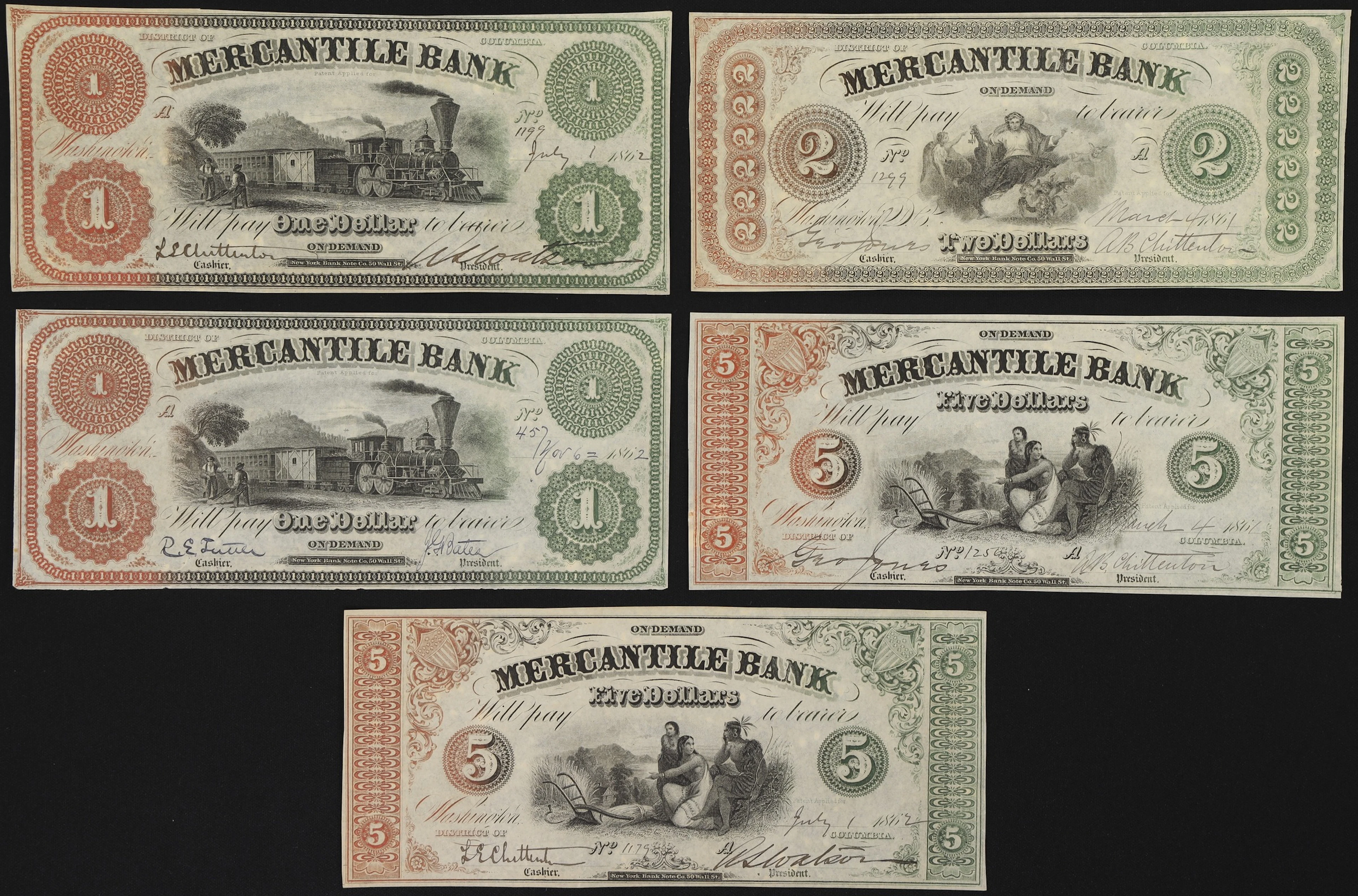 Lot of (5) Washington, District of Columbia. Mercantile Bank. 1862