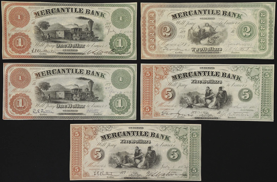 Lot of (5) Washington, District of Columbia. Mercantile Bank. 1862