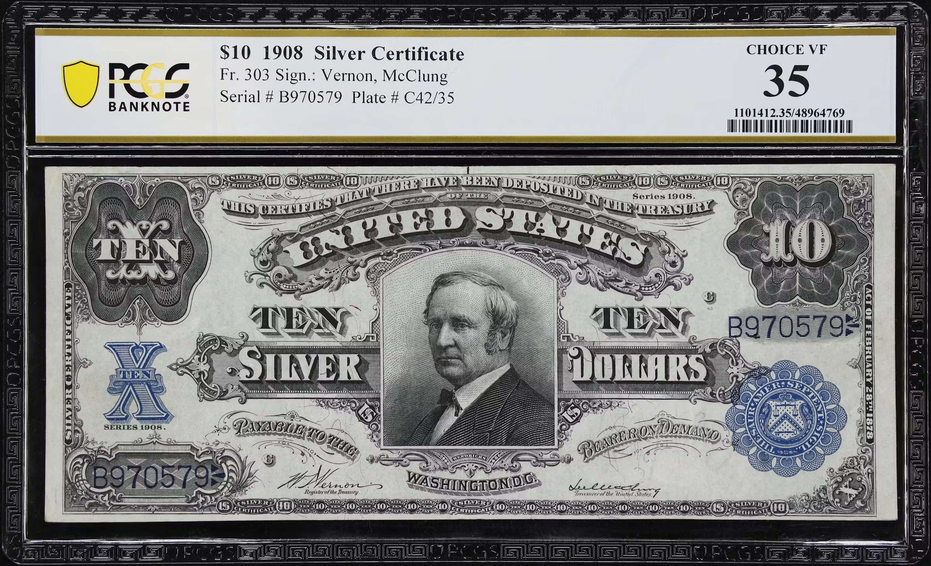 Fr. 303. 1908 $10 Silver Certificate. PCGS Banknote Choice Very Fine 35.