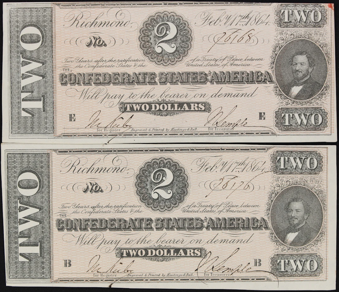 Lot of (2) T-70. Confederate Currency. 1864 $2. Choice About Uncirculated.