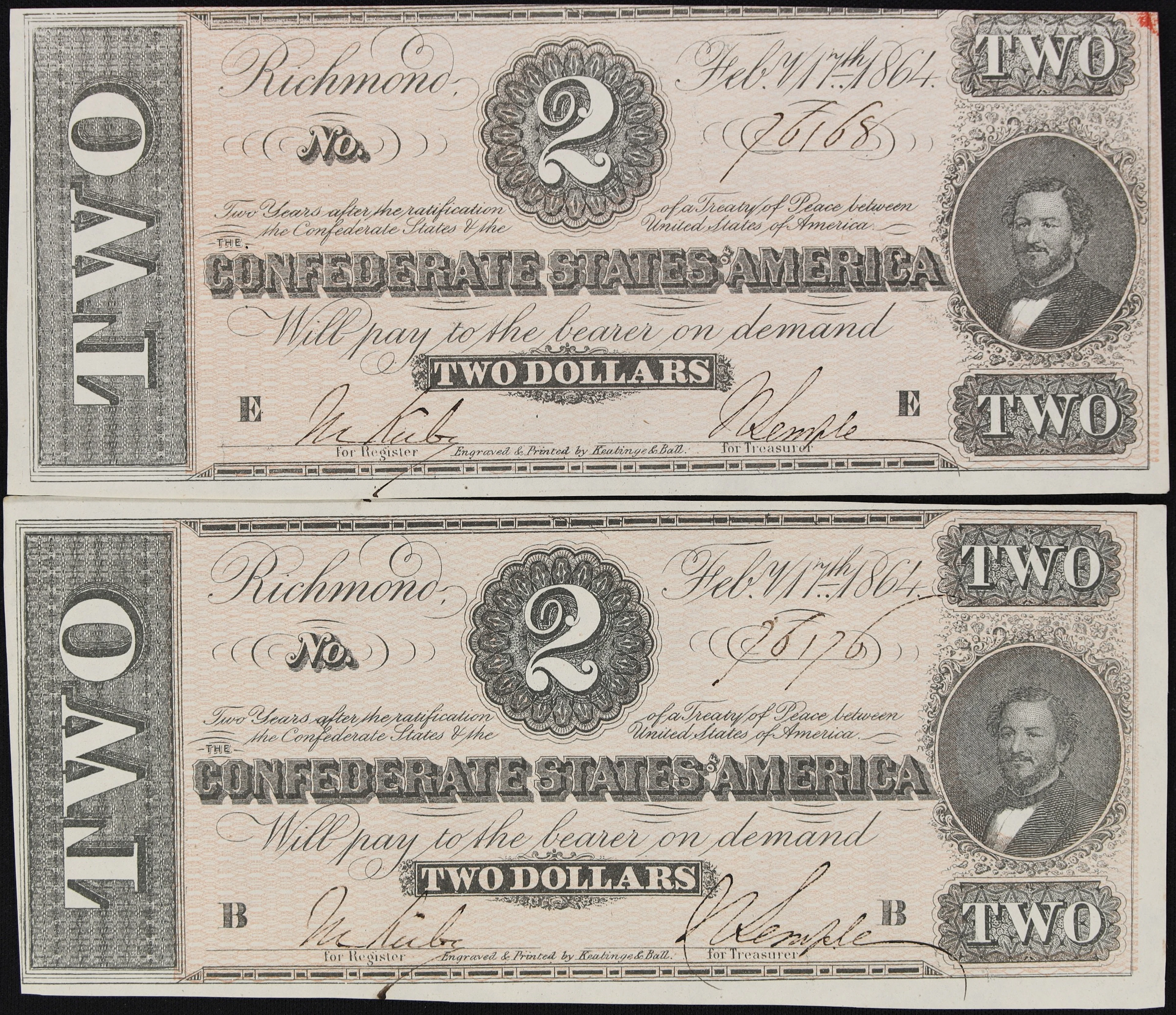 Lot of (2) T-70. Confederate Currency. 1864 $2. Choice About Uncirculated.
