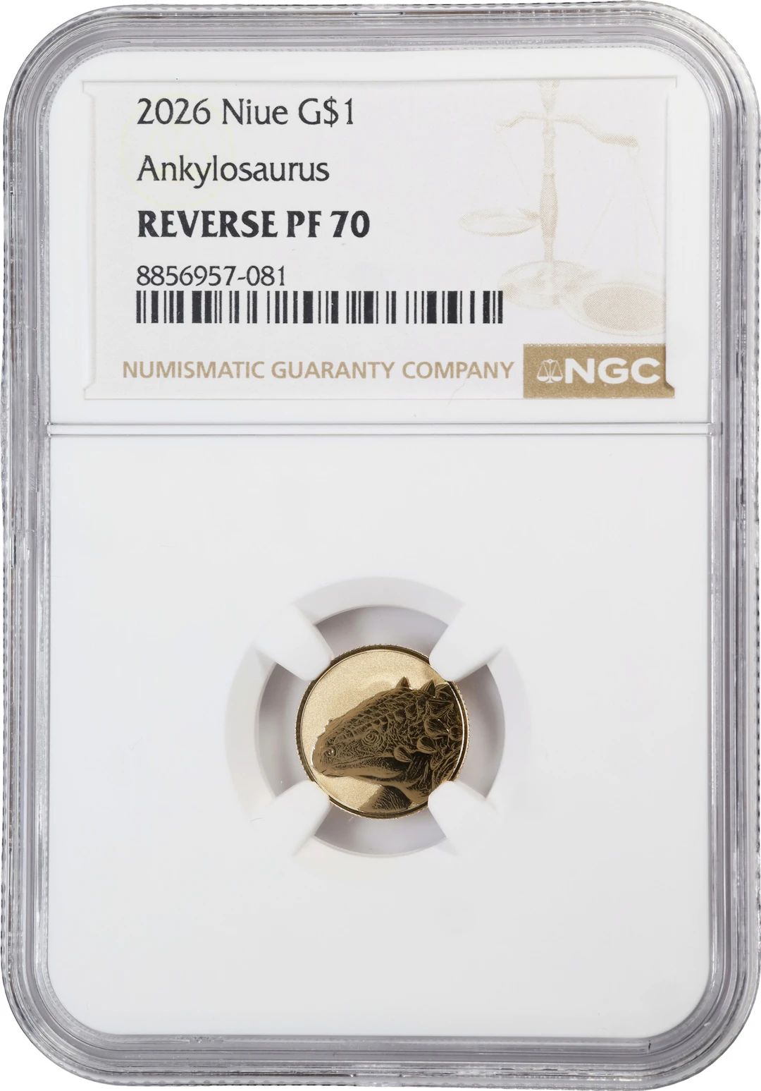 (0.032 oz, 1 g AGW). Niue. 2026 Ankylosaurus Gold $1. Reverse PF-70 (NGC).