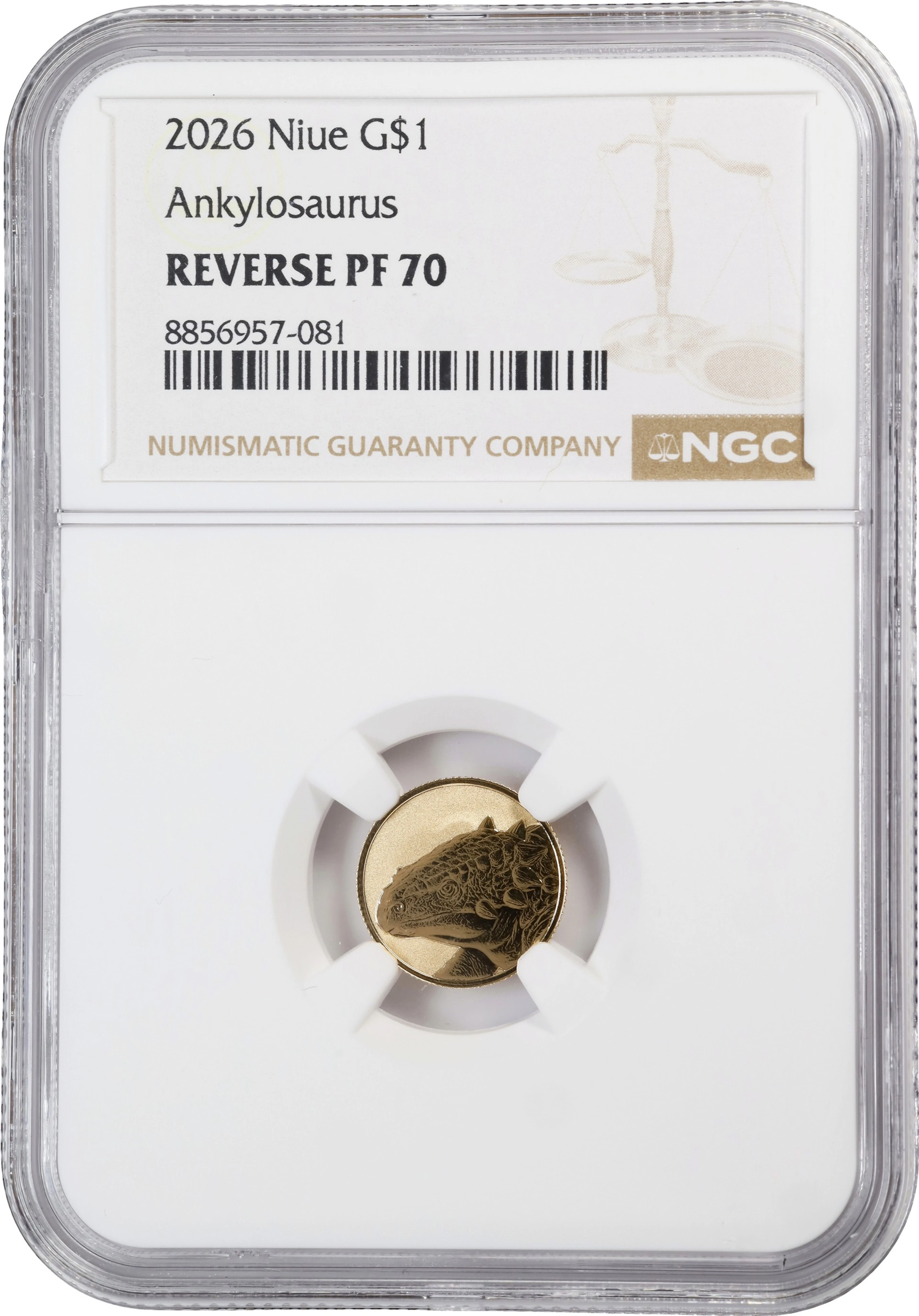 (0.032 oz, 1 g AGW). Niue. 2026 Ankylosaurus Gold $1. Reverse PF-70 (NGC).