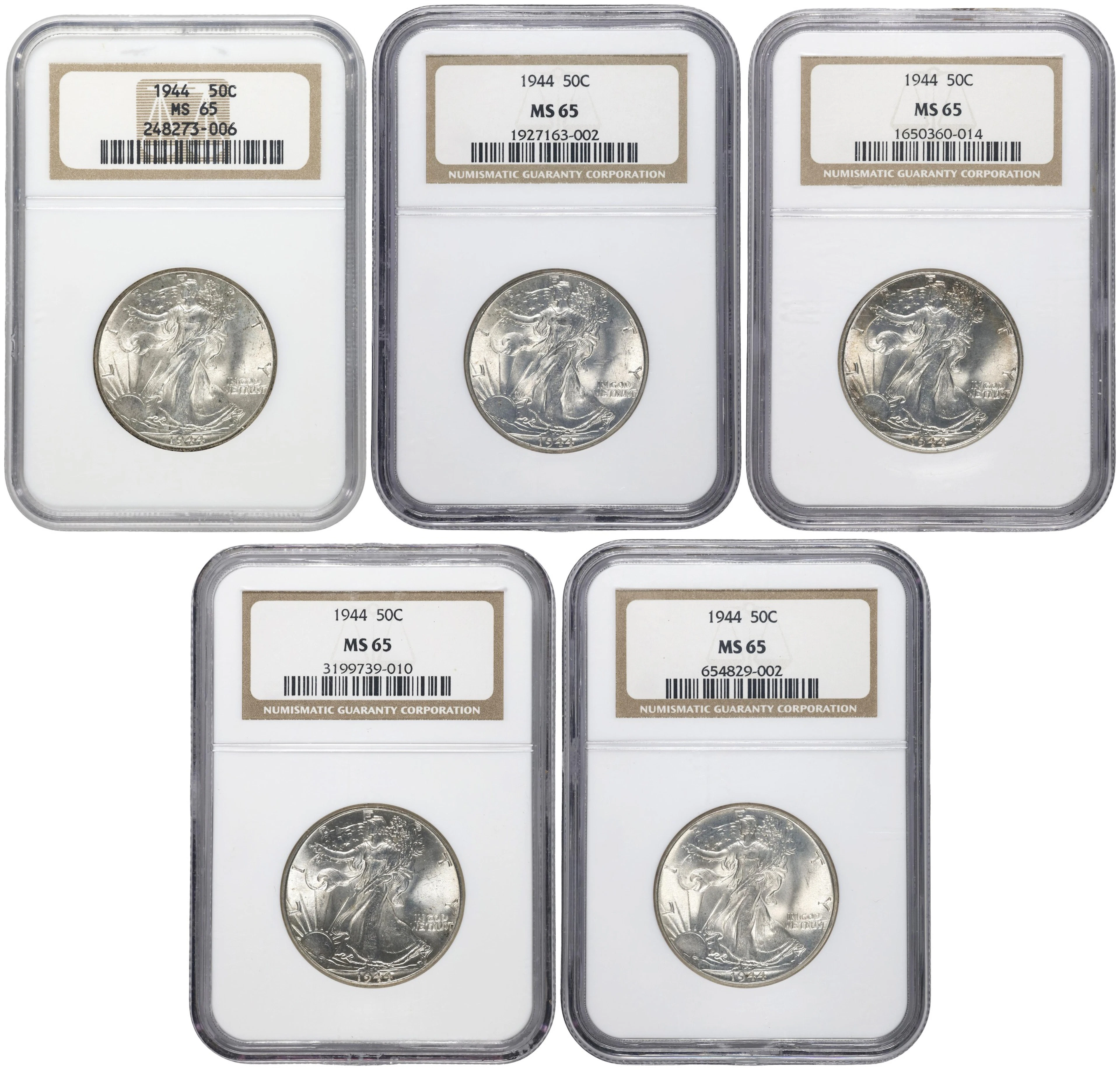 Lot of (5) 1944 Walking Liberty Half Dollars. MS-65 (NGC).