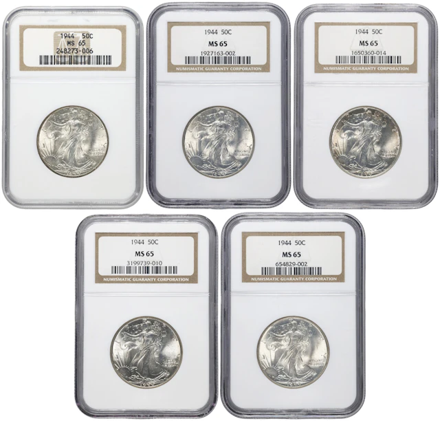 Lot of (5) 1944 Walking Liberty Half Dollars. MS-65 (NGC).